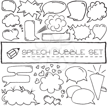 Hand drawn speech bubbles with hearts and clouds. Vector illustration.