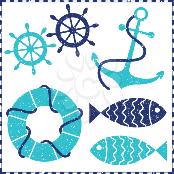 Grunge nautical elements - anchor, ship wheels, lifebuoy and fish.