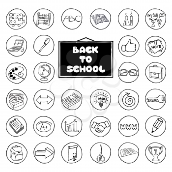 Hand drawn school buttons set. Back to school concept. Vector Illustration.