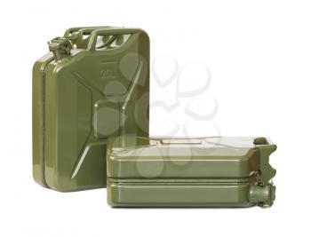 Two jerrycans, one standing and one laying on the side