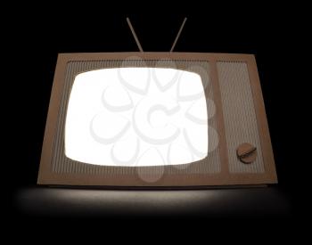 TV made of cardboard with blank isolated screen. Isolated on black.
