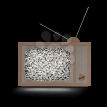TV made of cardboard, with white noise on screen. Dark scene, square format, isolated on black.