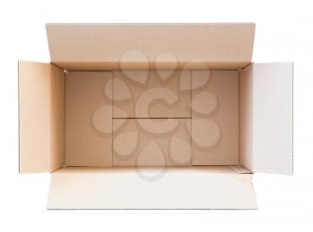 Opened empty carton box isolated on white. Top view.