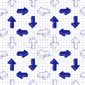 Seamless background of hand drawn arrow icons turning clockwise, pen drawn effect.