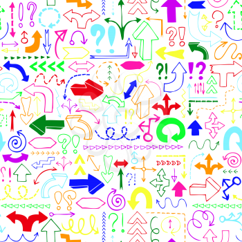 Seamless background of hand drawn colorful arrow icons with question and exclamation marks.