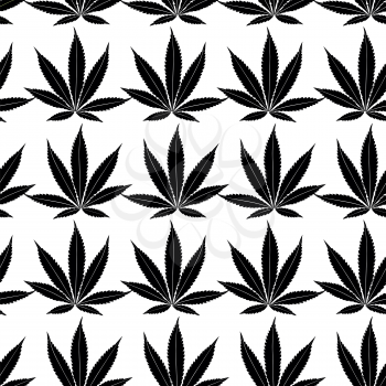 Seamless marijuana black leaves on white background pattern. Vector illustration.