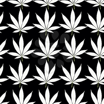 Seamless marijuana white leaves on black background pattern. Vector illustration.