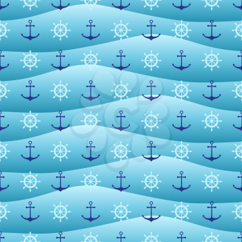 Seamless nautical pattern with anchors and ship wheels. Vector illustration.