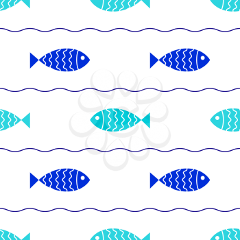 Seamless nautical pattern with fish and waves. Vector illustration.