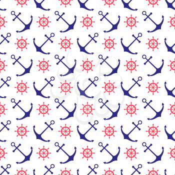 Seamless nautical background with anchors and ship wheels. Vector illustration.