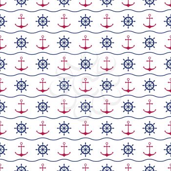 Seamless nautical background with anchors and ship wheels. Vector illustration.