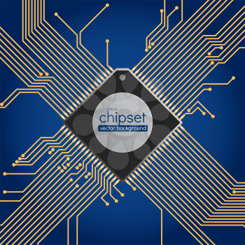 Chipset circuit vector background, blue and gold colors