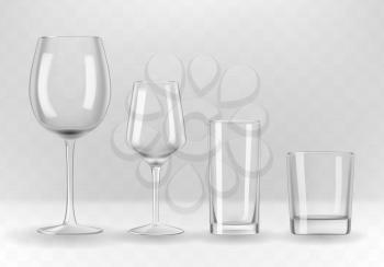Vector set of photo-realistic transparent wine, water and whiskey glasses.