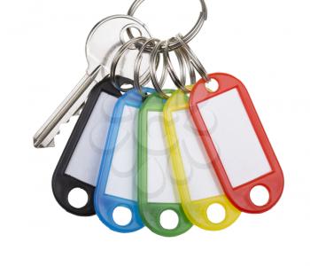One Key With Five Tags isolated on white. Concept of multipurpose solution.