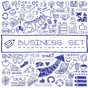 Hand drawn business set of icons with arrows, diagrams, puzzle pieces, thumbs up and more. Blue pen effect. Vector illustration. 