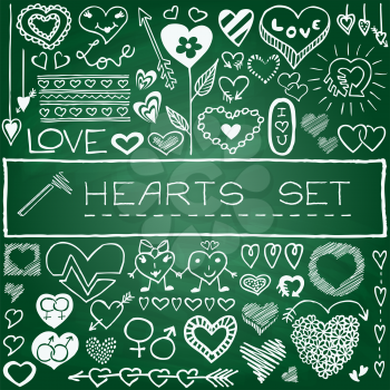 Hand drawn set of hearts and arrows with green chalkboard effect. Vector Illustration.