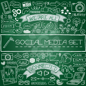 Doodle social media icons set with chalkboard effect. Networking concept with speech bubbles, mobile phone, tags with captions and other design elements