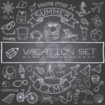 Hand drawn vacation icons set, chalk board effect. Vector illustration.