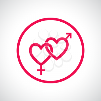 Couple gender icon. Connected hearts. Pink flat symbol with shadow. Design element for Valentine's Day, wedding, baby shower, birthday card etc. Vector illustration.