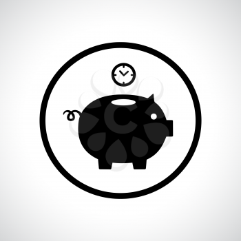 Piggy bank icon with a clock falling in. Round button. Time is money concept.