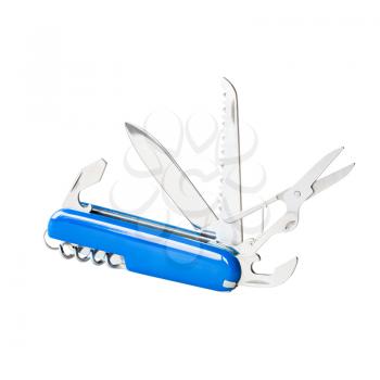 Blue swiss knife, open blades. Isolated on white