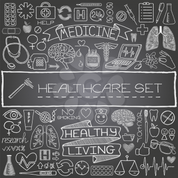 Hand drawn medical set of icons with medical and science tools, human organs, diagrams etc. Black chalkboard effect. Vector illustration. 