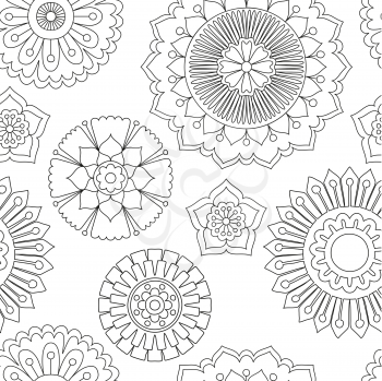 Seamless doodle flowers pattern. Hand drawn tribal concept. Boho and ethnic style mandala. Decorative art for birthday cards, wedding and baby shower invitations, scrapbooking. Vector illustration.