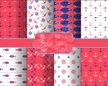 Set of 8 seamless nautical patterns with anchors, ship wheels, fish and waves. Design elements for printables, wallpaper, baby shower invitation, birthday card, scrapbooking, fabric print.