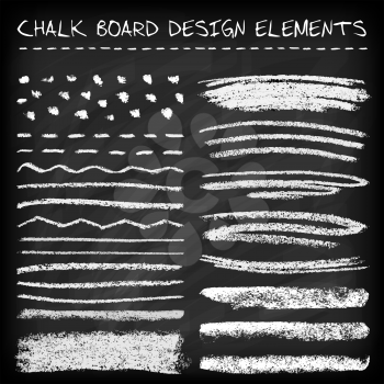Set of chalk strokes, curved lines, banners and separators.  Handmade design elements on chalkboard background. Grunge vector illustration.