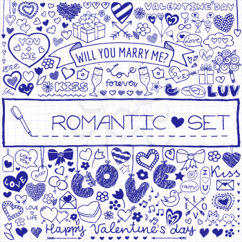 Doodle set of hearts, arrows, bows, presents, flowers etc. Pen drawn design elements for Valentines Day, wedding invitation, baby shower, birthday card etc. Vector illustration.