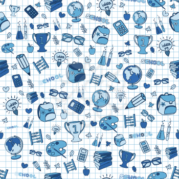Hand drawn seamless school background. Blue pen doodle effect. Back to school concept. Vector illustration.