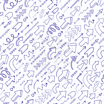 Seamless background of doodle arrows. Diagonal direction of movement. Pen drawn effect.