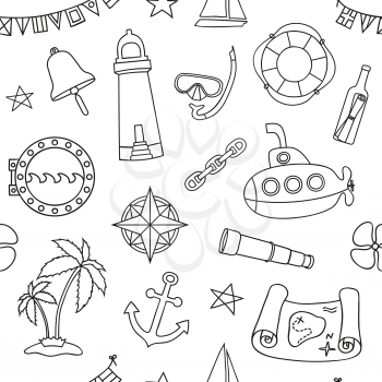 Seamless nautical pattern. Graphic design elements for printables, wrapping paper, web pages background, coloring pages, scrapbooking. Vector illustration.