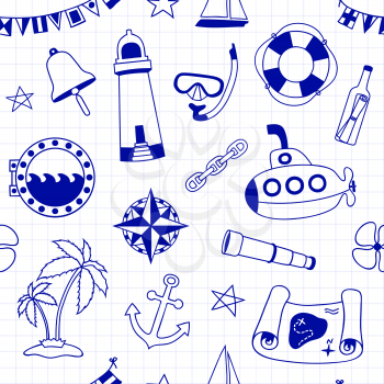 Seamless nautical pattern. Pen on paper effect. Graphic design elements for printables, wrapping paper, web pages background, coloring pages, scrapbooking. Vector illustration.
