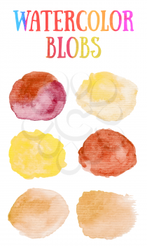 Hand painted watercolor blobs. Orange, red and yellow colors. Abstract spring summer season background. Round graphic design element isolated on white. Vector illustration.