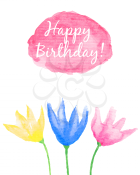 Floral Happy Birthday card. Hand painted watercolor flowers. Change the caption and use this template as wedding or baby shower invitation, graphic design elements,  scrap booking. Vector illustration