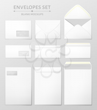 Three white envelopes set. Blank mockups in three views, front and back, open and closed. Transparent window in the front of each envelope can be removed. Full and folded A4 size. Vector illustration.