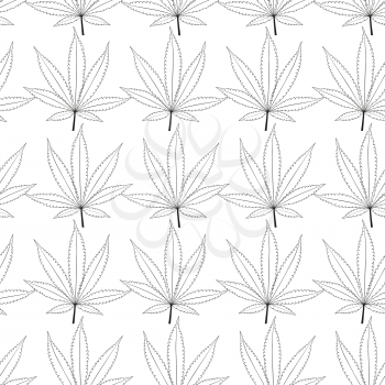 Seamless texture of marijuana leaves sketched on white background. Vector pattern