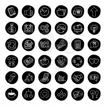 Hand drawn business buttons set with arrows, diagrams, puzzle pieces, thumbs up and more. Vector Illustration.