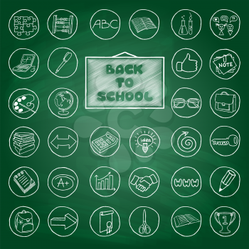 Doodle school buttons, green chalk board effect. Hand drawn vintage style