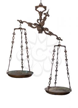 Antique rusty balance scale isolated on white background. Justice and making decision concept. Uneven odds, not being in balance, one is more important than the other.