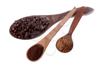 Wooden spoons with coffee beans, milled coffee and instant coffee isolated on white background.