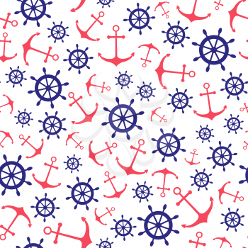 Seamless nautical pattern with scattered red and blue anchors on white background. Design element for wallpapers, baby shower invitation, birthday card, scrap booking, fabric print etc. 