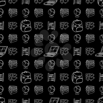 Back to School doodle seamless pattern. School supplies on chalkboard background. Design element for wallpapers, web site background, wrapping paper, sale flyer, scrapbooking etc. Vector illustration