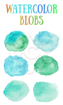 Hand painted watercolor blobs. Nautical sky blue and sea green colors. Abstract spring summer season background. Round graphic design element isolated on white. Vector illustration.
