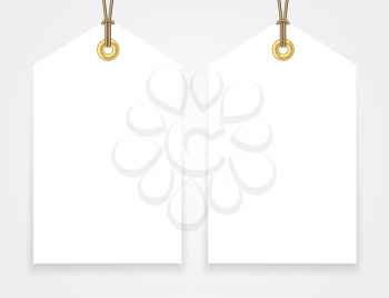 Blank sale tags mock up set. Hang tag with a string. Shopping badge with place for price and discount captions. Clearance sale template. Vector illustration.