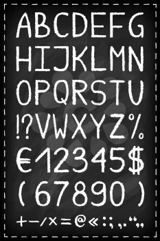 Alphabet on chalkboard. Chalk drawn effect. Hand painted letters, numbers and symbols set. Oil pastel crayon. Grunge style typography. Vector illustration.