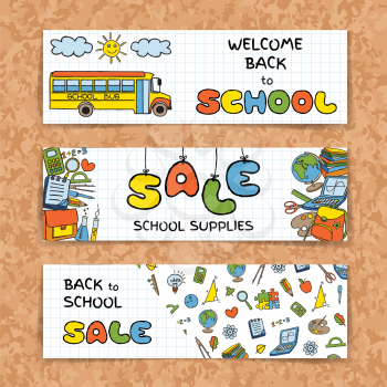 Doodle Back to School sale banners set on green chork board background. Hand drawn education symbols on notebook paper. School supplies sale concept. Invitation template.  Vector illustration.