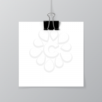 Poster hanging on a thread with two black clips. Blank sheet of paper against a concrete wall mock up. Urban minimalistic style portfolio presentation concept. Vector illustration.