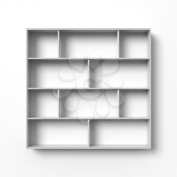 White shelves hanging on a wall with light and shadows. Blank template. Empty bookshelf, open display, retail store mock up.